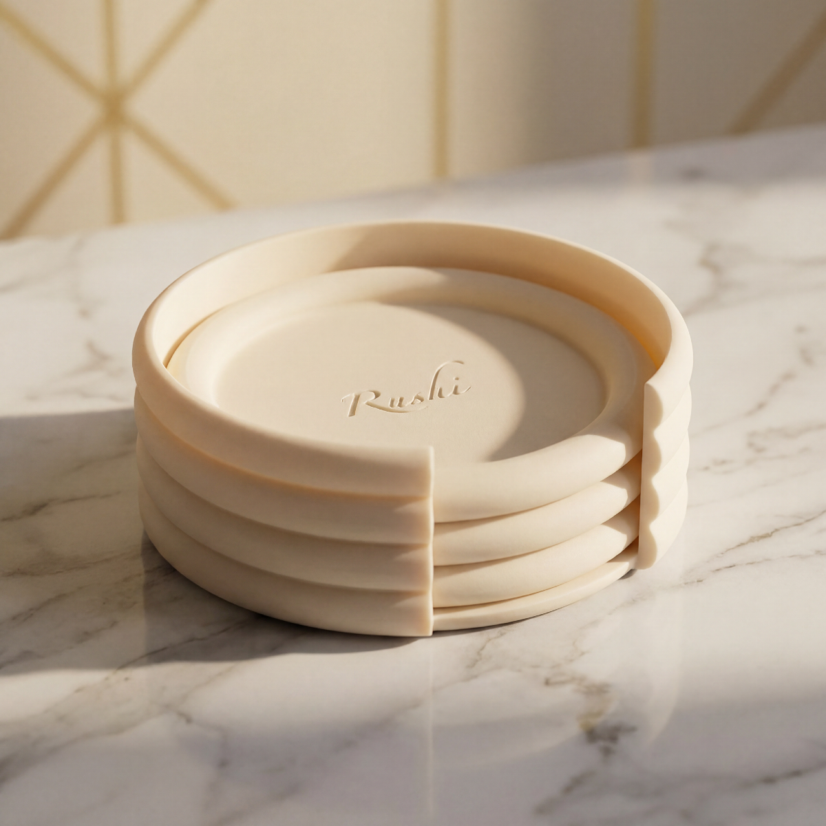 Set of beige coasters with 'Pushe' branding on a marble surface