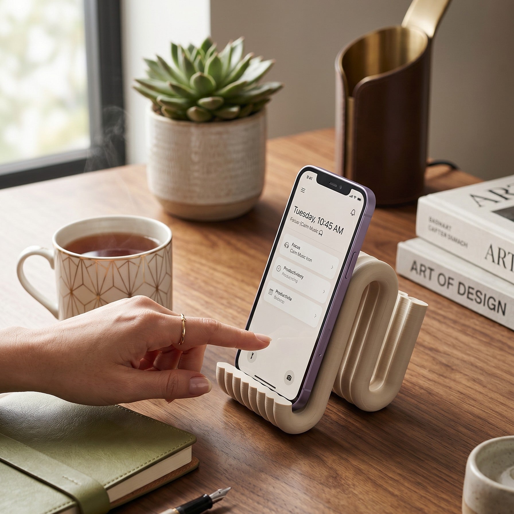 Hand using a smartphone on a desk with a lamp, books, and a plant in the background