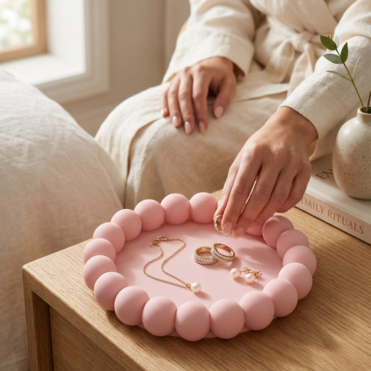 Person organizing jewelry on a pink decorative tray in a cozy room.