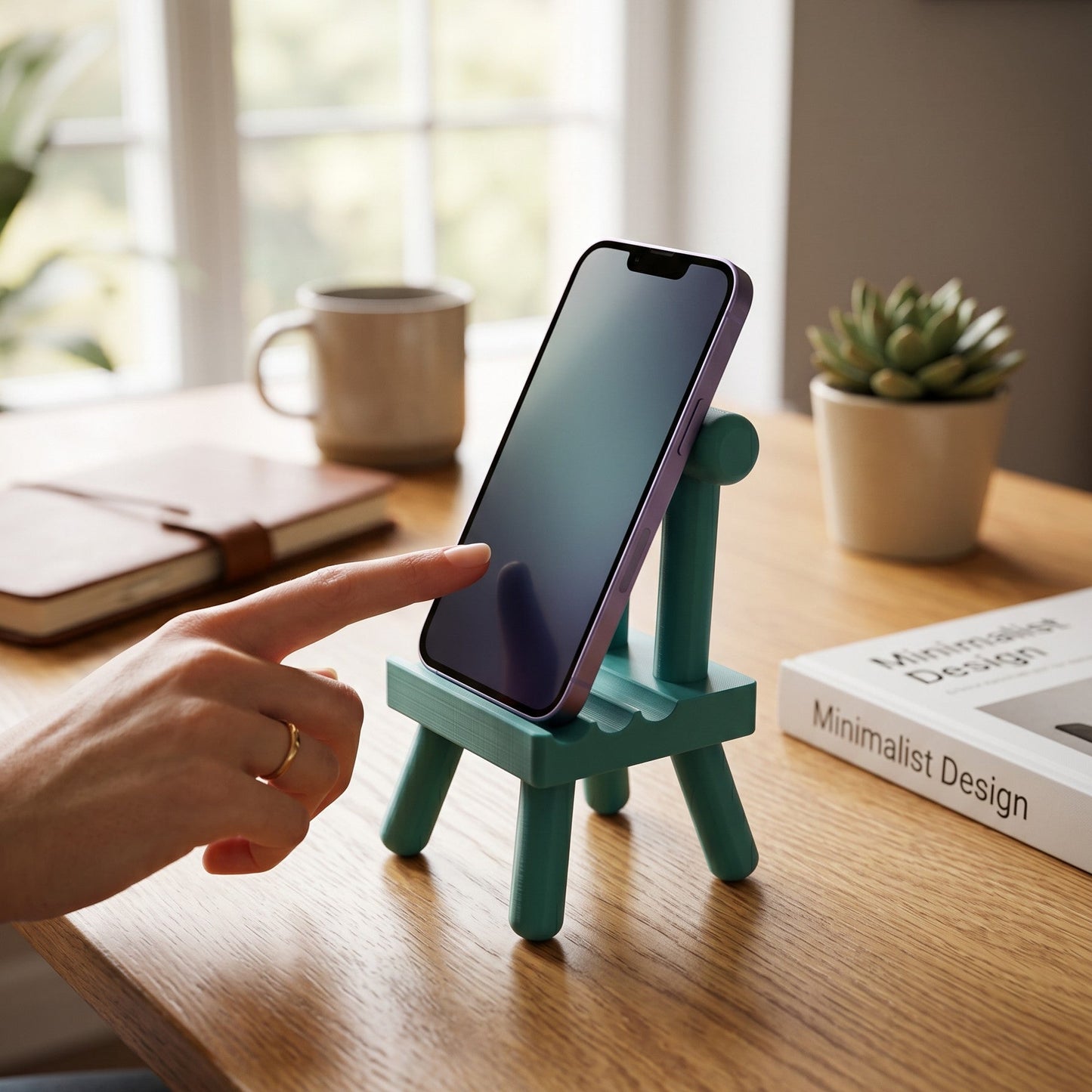 Person using a green phone stand on a desk with a cup and plant in the background