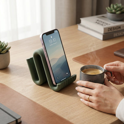 Person holding a cup of coffee next to a smartphone on a green phone stand on a wooden desk.