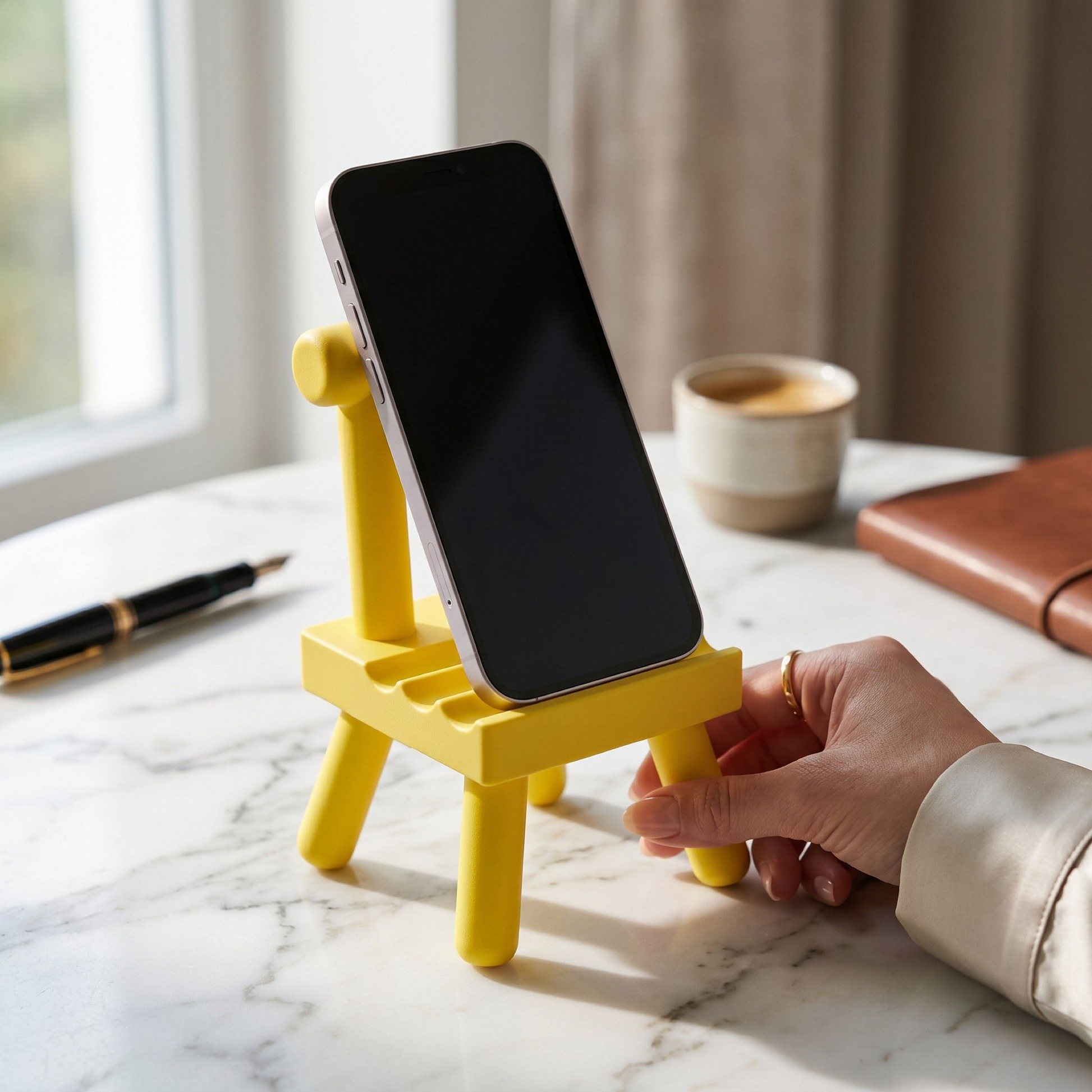 Hand holding a smartphone on a yellow stand on a marble surface with a window in the background