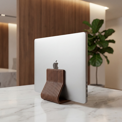 White Apple product on a wooden stand with a blurred indoor background