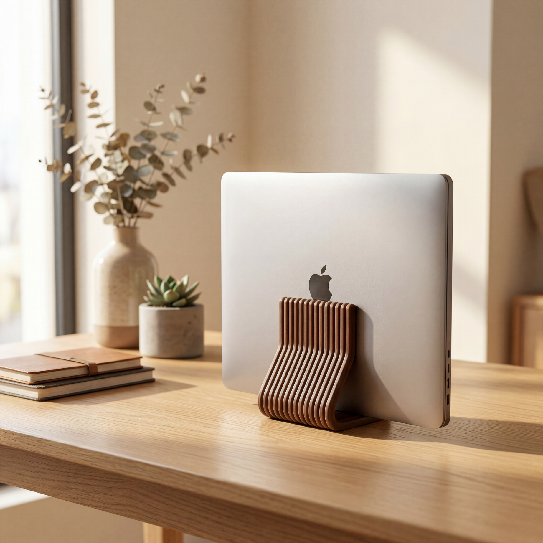 White laptop on a wooden desk with a wooden stand, next to a vase and plants.