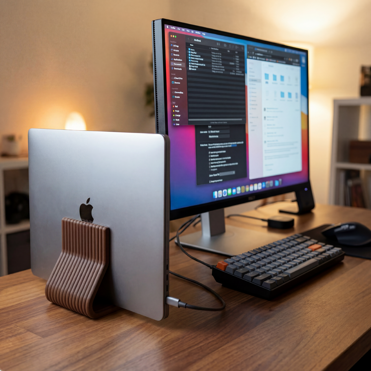 Computer setup with dual monitors, keyboard, and mouse on a wooden desk.