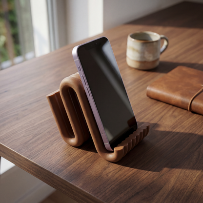 Wooden phone stand holding a smartphone on a wooden table with a mug and notebook in the background.