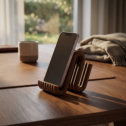 Wooden phone stand holding a smartphone on a wooden table with a blurred outdoor background