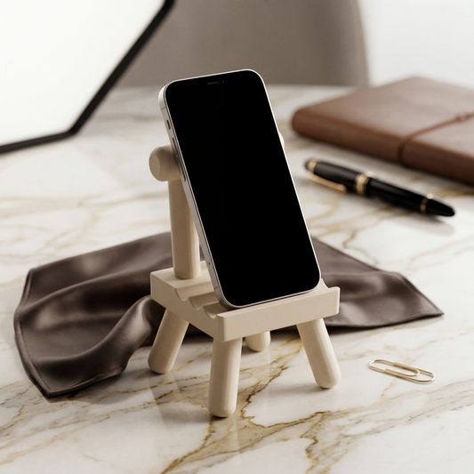Phone on a small wooden stand with a pen and fabric on a marble surface