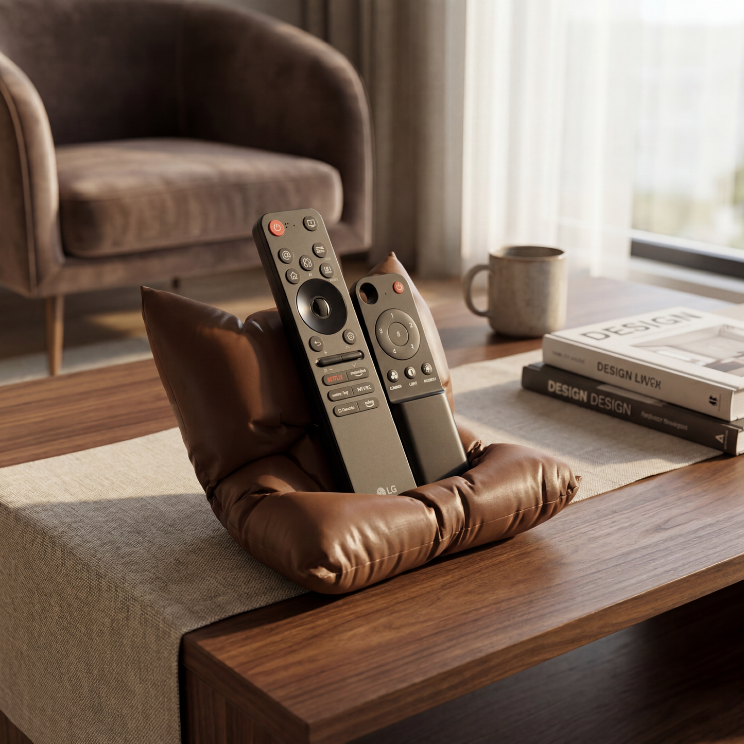 Two remote controls on a brown cushion with a blurred living room background
