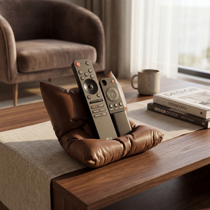 Two remote controls on a brown cushion with a blurred living room background