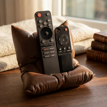 Two remote controls on a brown cushion with a blurred indoor background