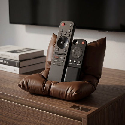Two remote controls on a brown leather pillow with a blurred TV in the background.