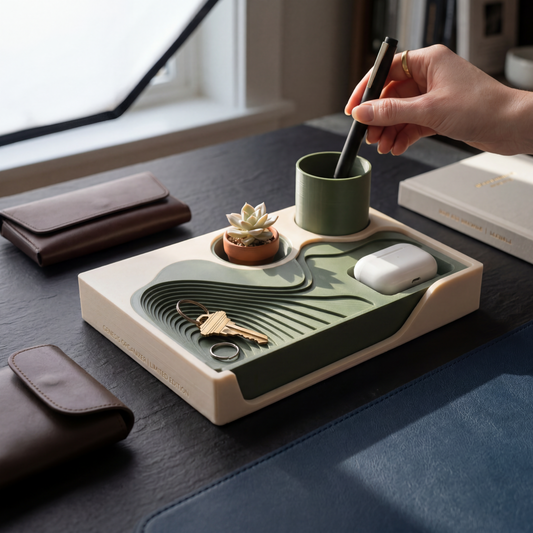 Desk organizer with a small plant, keys, and wireless earbuds on a wooden surface.