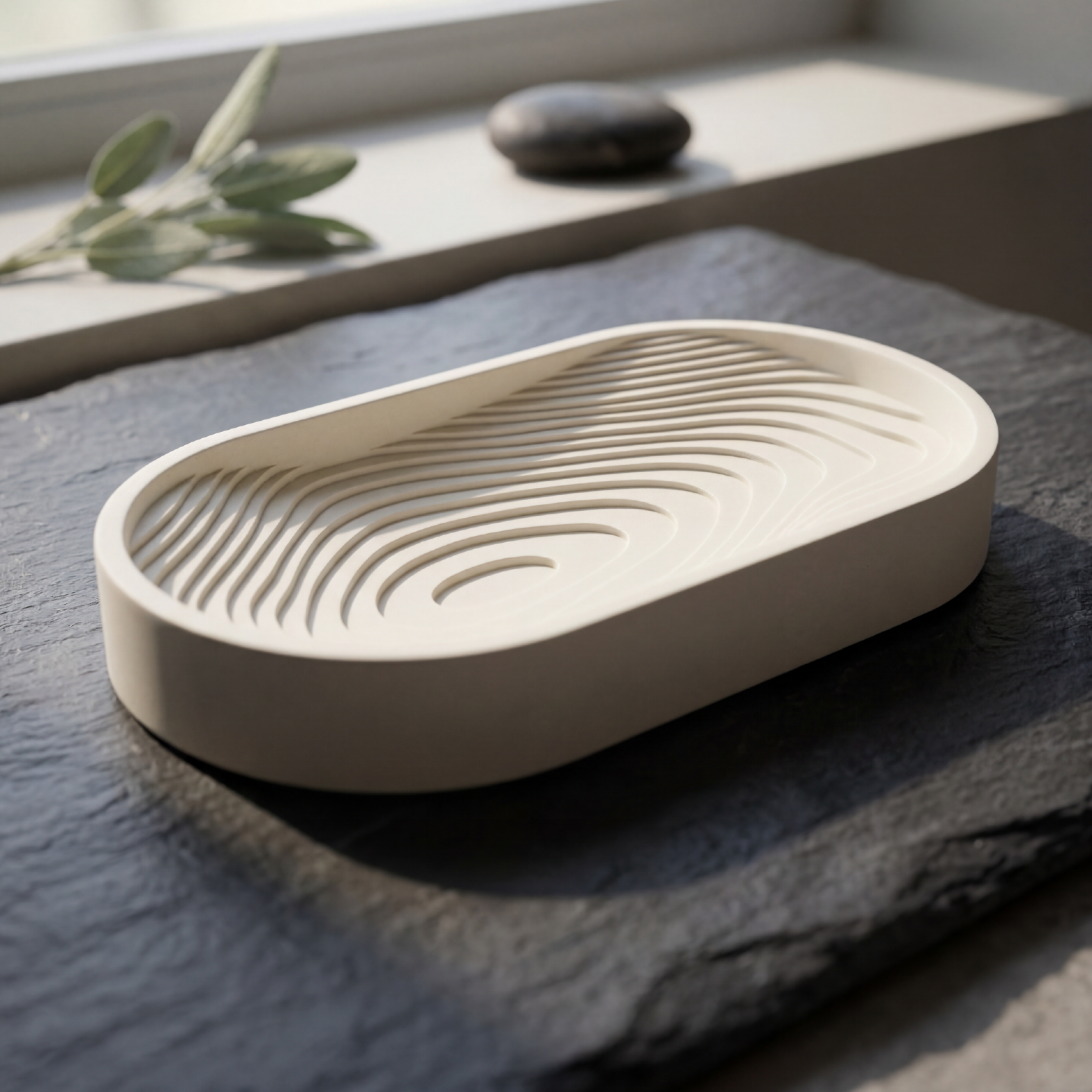 Beige soap dish with wavy design on a dark surface