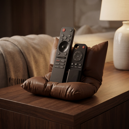 Two remote controls on a brown pillow on a wooden surface with a blurred background
