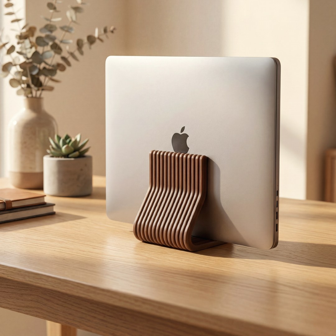 Wooden vertical laptop stand holding a laptop on a desk