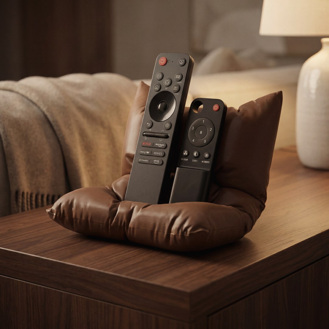 Leather remote holder with two TV remotes on a wooden side table