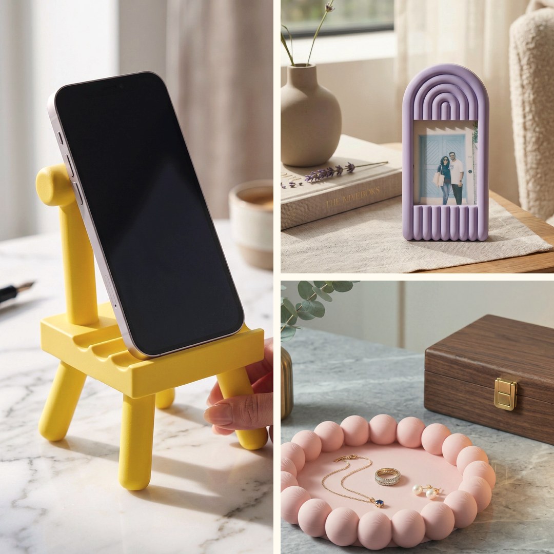 Arched photo frame, pink bubble trinket dish and yellow easel phone stand