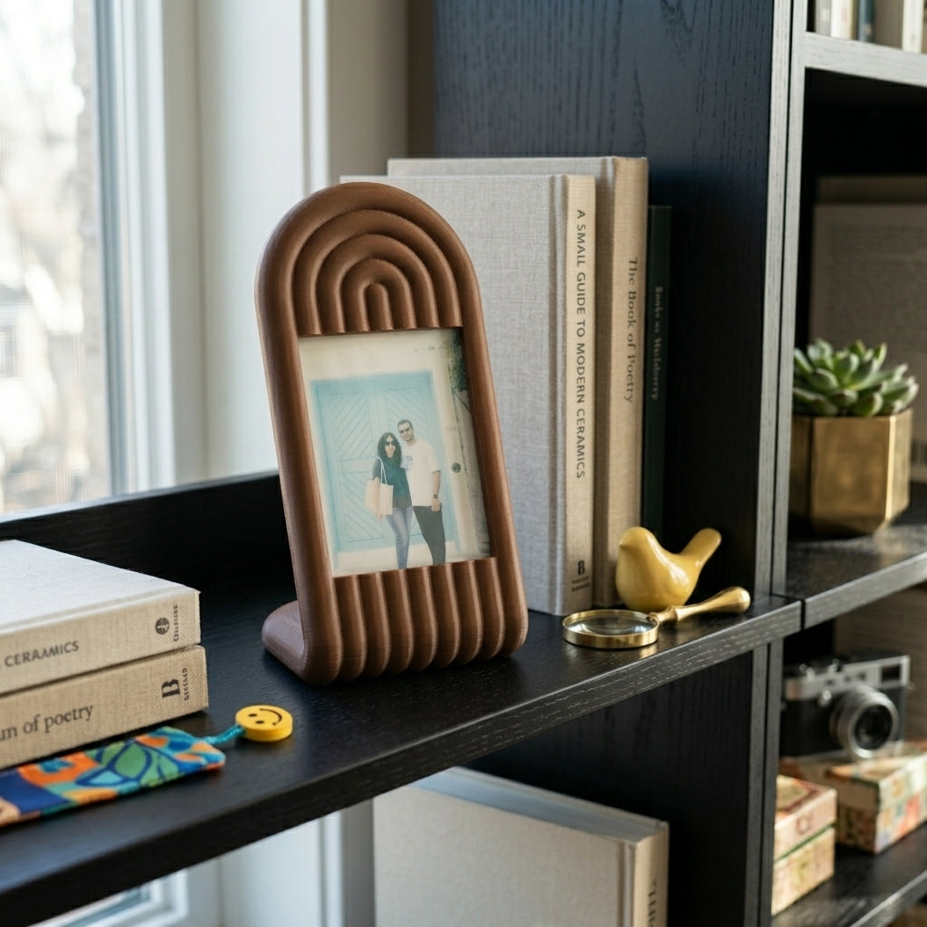 Decorative photo frame on a shelf with books and a small plant